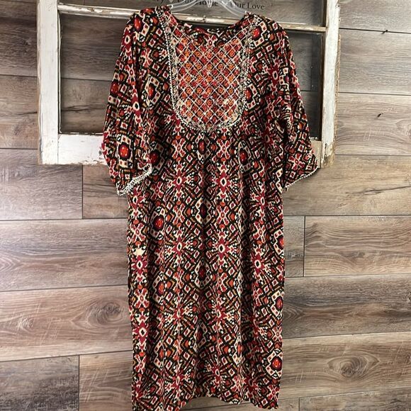 JMD Kaftan Tunic Dress Sequined Metallic Trim Southwestern Print Red Black Tan - Picture 2 of 10